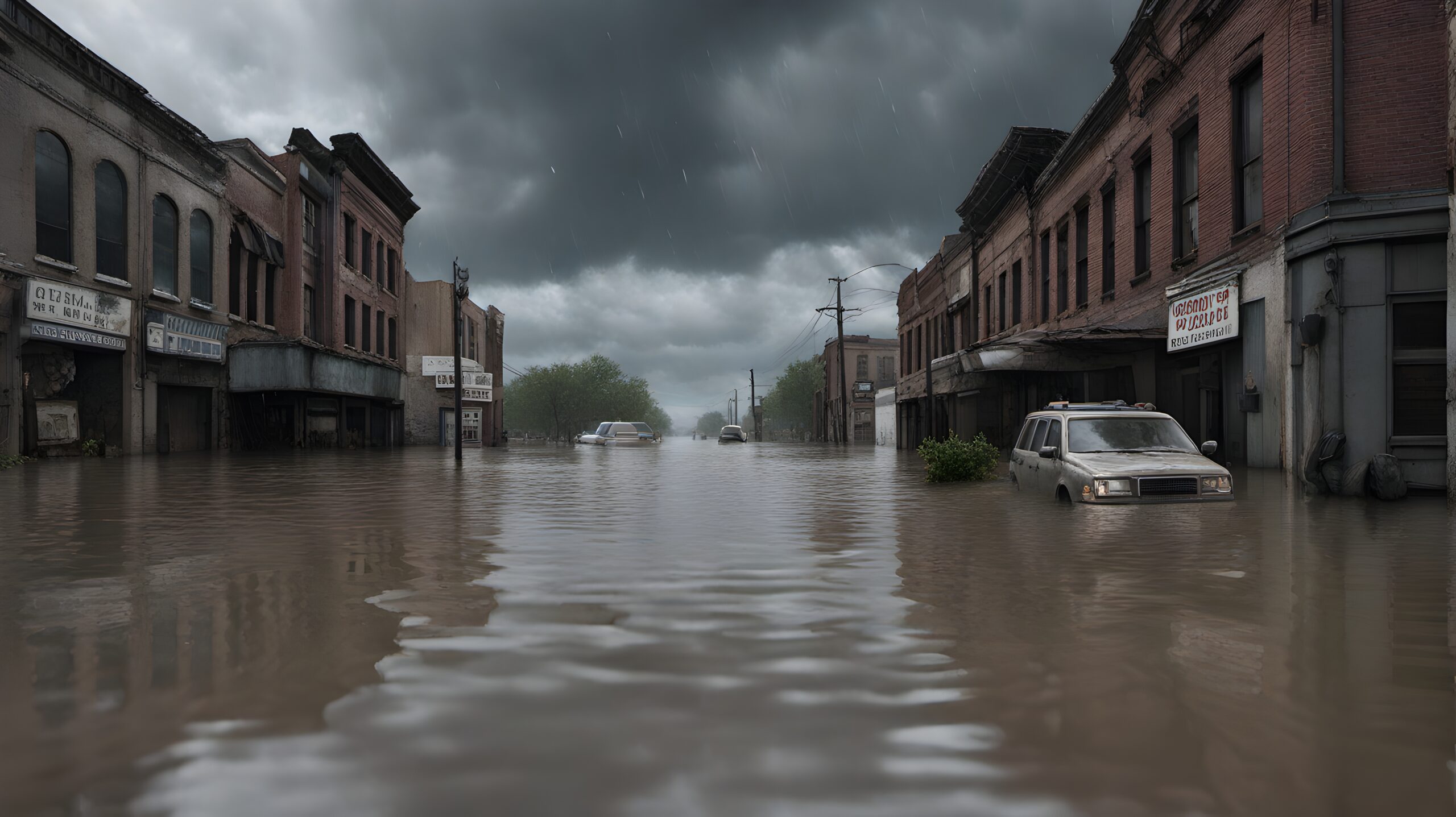 Flooded Town Street with Cars