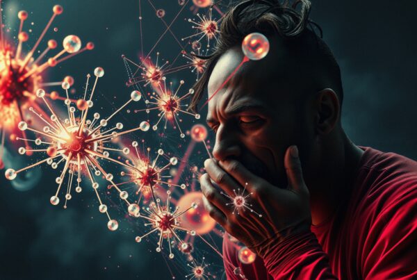 Illustration of man with viral particles conveying illness.