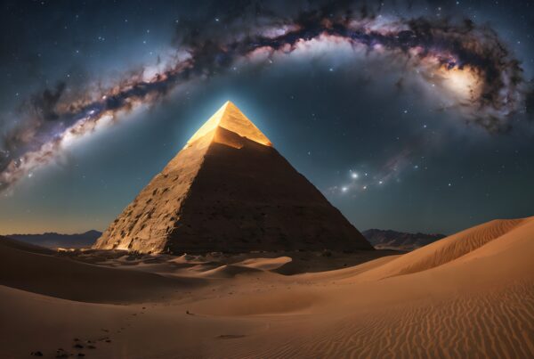 A pyramid illuminated at night beneath the Milky Way in a serene desert landscape.