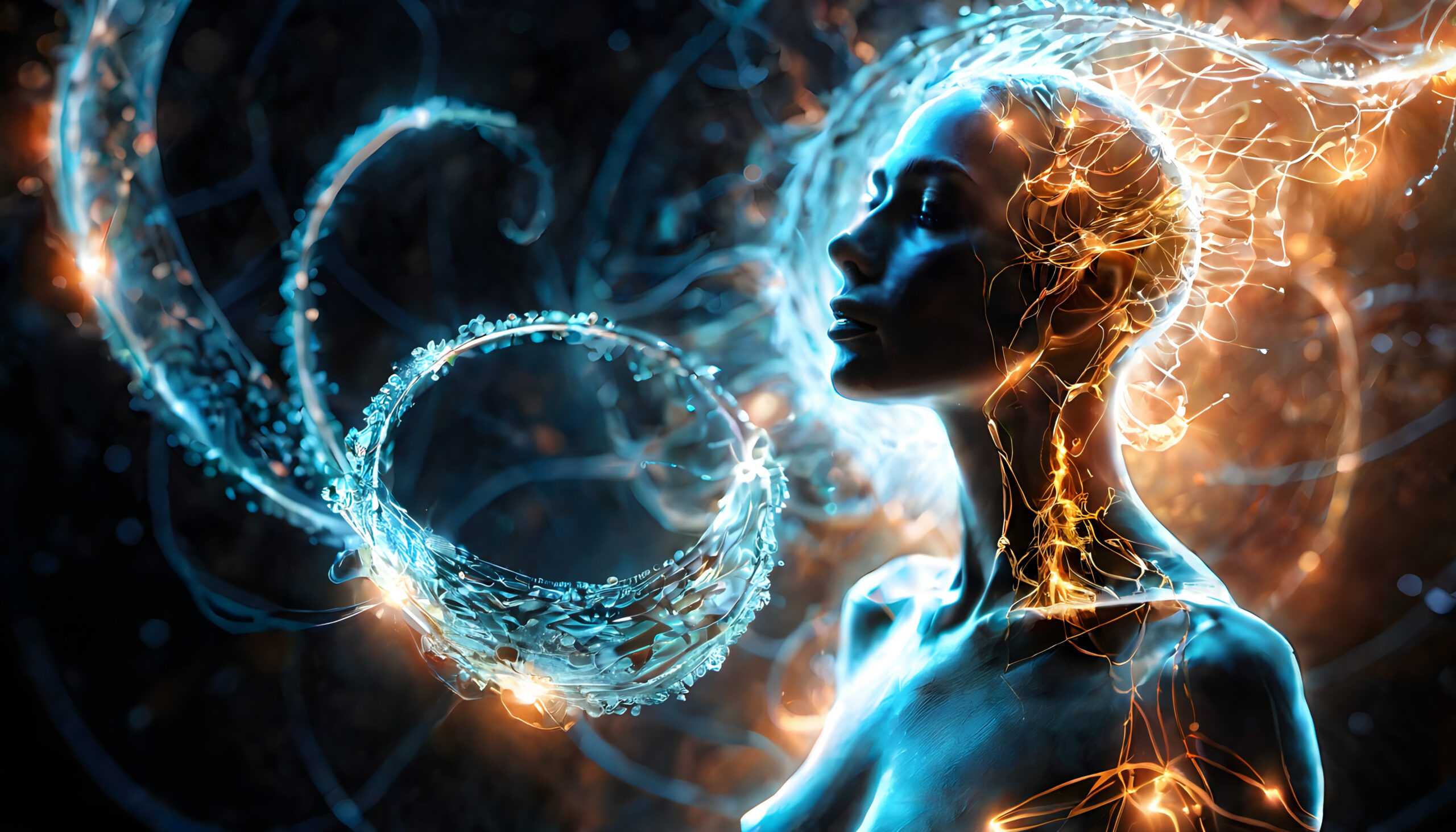 Glowing Human Figure with Neural Pathways in a Digital World