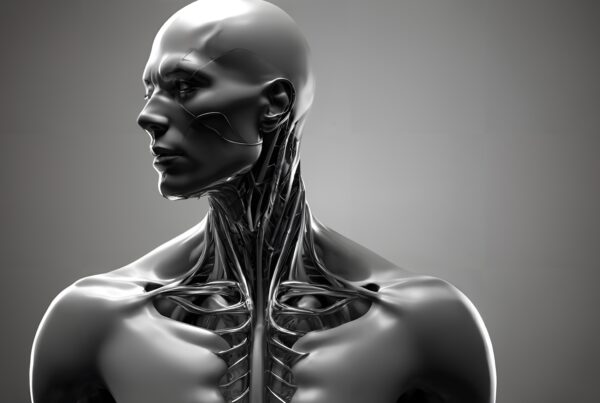 A futuristic humanoid with metallic cybernetic design against a gray background.