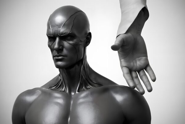 Anatomical humanoid sculpture with hand interaction.