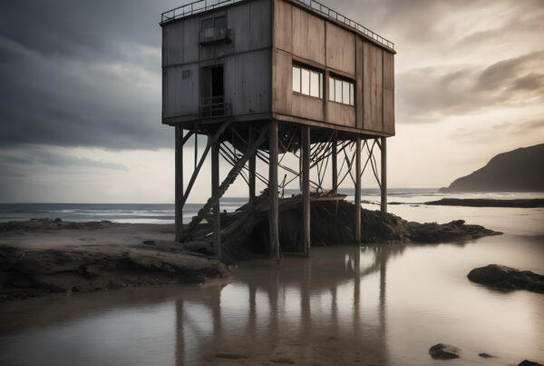 Solitary Stilt House by Calm Waters Under a Moody Overcast Sky