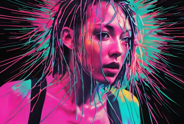A woman with neon spikes and vivid colors creating a vibrant, futuristic art piece.