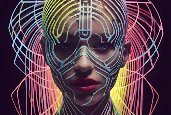 Neon Circuitry: A Luminous Projection on a Woman in a Dark Room