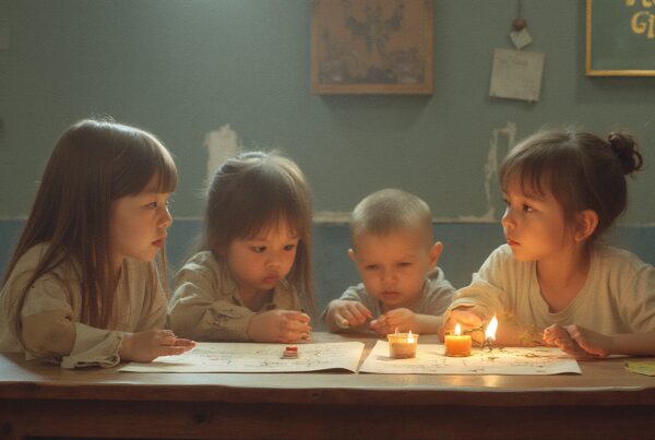 Four children drawing by candlelight.