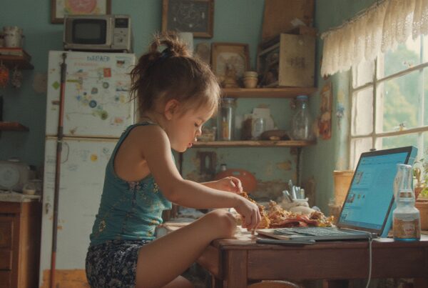 Young girl peeling oranges beside a laptop in a rustic kitchen.