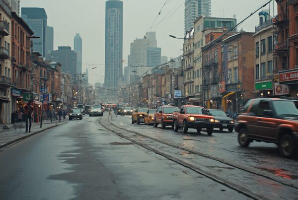 Bustling city street with pedestrians and cars.