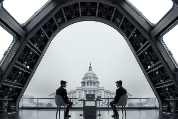 Futuristic office with Capitol view through large windows.