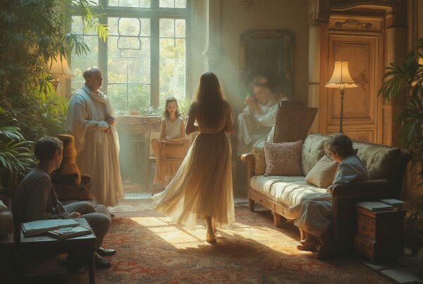 A peaceful gathering in a sunlit room with vintage decor and lush greenery.