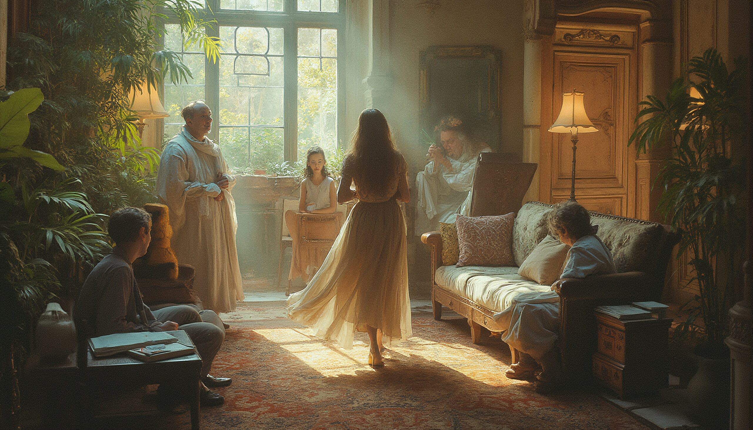 Afternoon Gathering in Sunlit Room