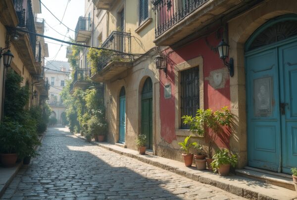 Charming cobblestone street with vibrant buildings.