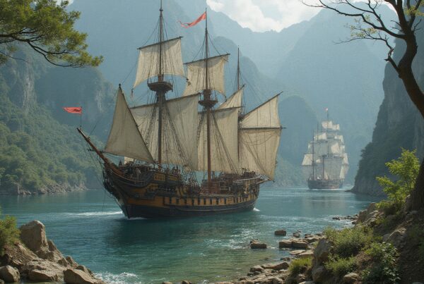 A breathtaking scene of two grand sailing ships navigating a turquoise river framed by majestic mountains and lush greenery.