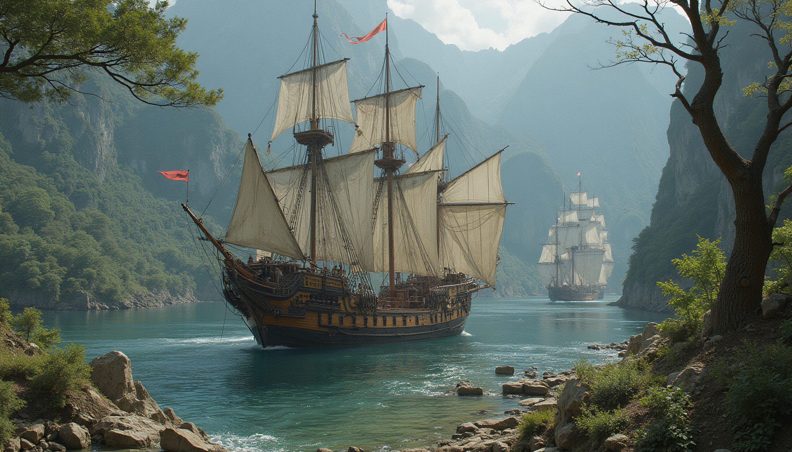 Sailing Ships in Mountainous Landscape