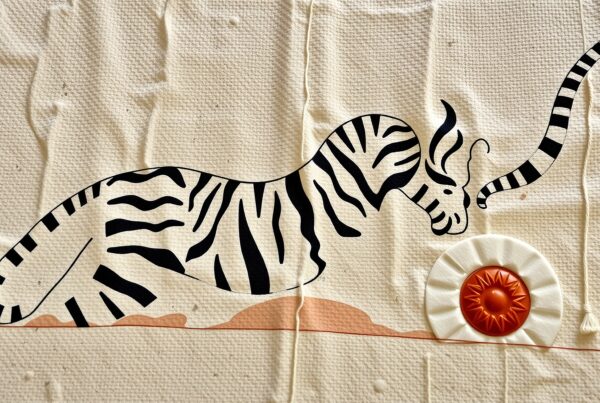 A stylized zebra with a sun motif on textured fabric background.