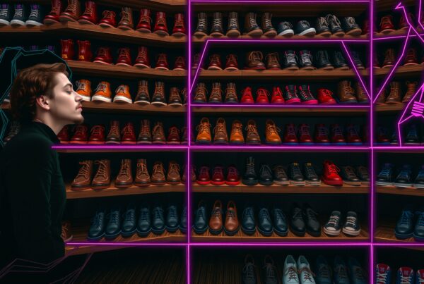 A person admiring a vibrant shoe display with neon accents.
