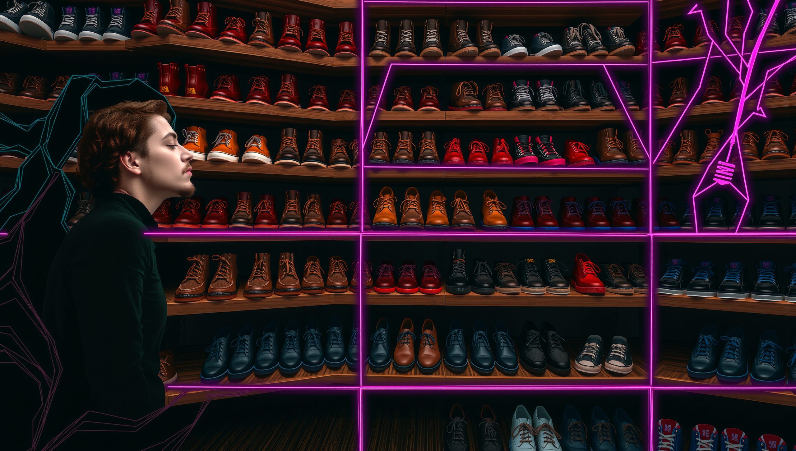 Shoe Collection Against Neon Lights