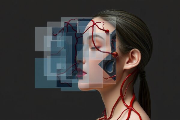 A woman with digital and organic elements overlaying her face, featuring red veins and geometric patterns, against a dark background.