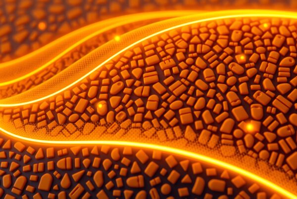 Abstract design with glowing orange pebbles and flowing light.