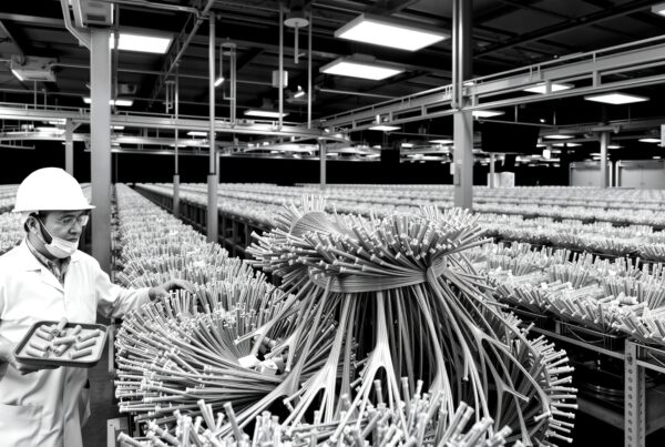 An industrial worker inspects cable assemblies in a large manufacturing facility.