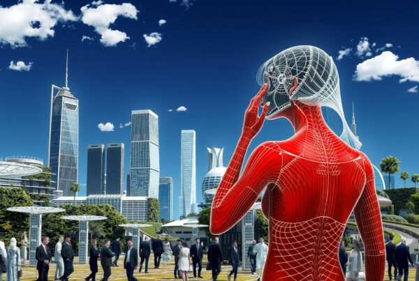 A futuristic cityscape with skyscrapers and wireframe figure.