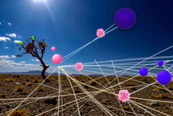 A surreal desert scene with floating orbs and colorful abstract elements under a bright blue sky.