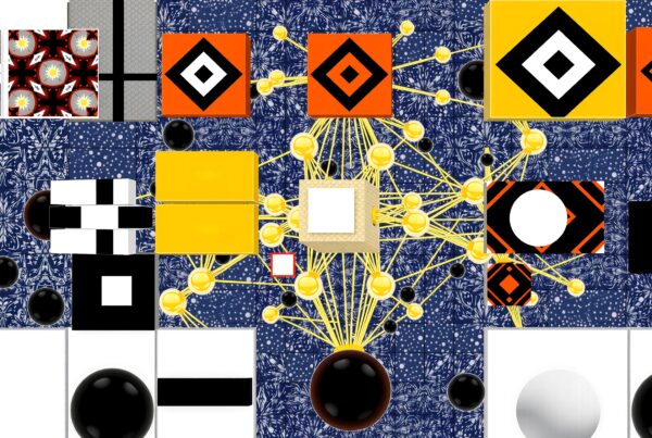 Abstract digital art featuring geometric shapes with interconnected patterns and vibrant colors.