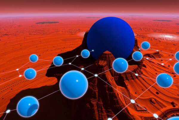 Surreal desert landscape with blue spheres and connected networks.