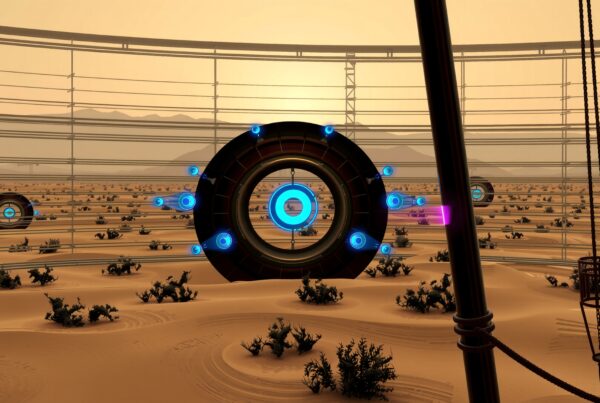 Futuristic desert landscape with glowing structures amidst sand dunes.