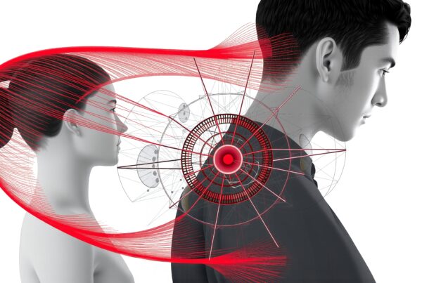 Futuristic profiles connected by digital lines and patterns.