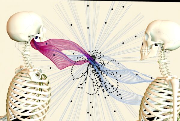 Two skeletal figures connected by vibrant, dynamic lines symbolizing communication and interaction against a neutral backdrop.