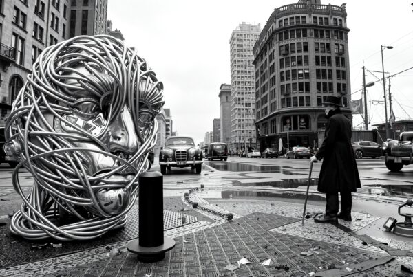 A large metal face sculpture in a vintage cityscape with classic cars and a mysterious figure in a coat.