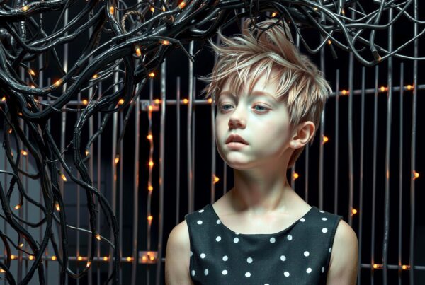 A young person stands beneath glowing cables in a futuristic setting.