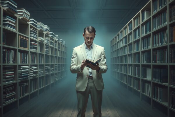A man reading a book in a serene, dimly lit library.