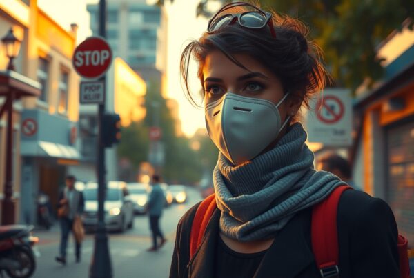Young woman in mask stands on busy city street at sunset.