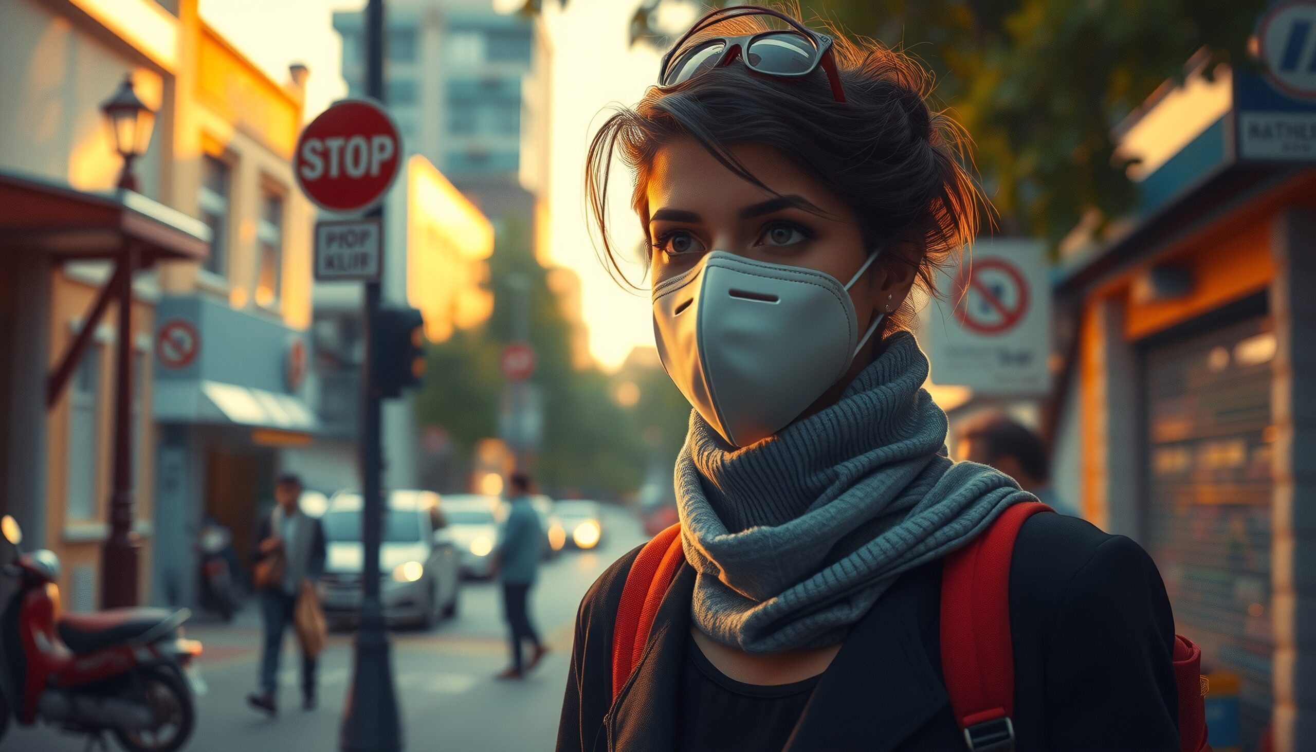 Masked Woman in Urban Sunset