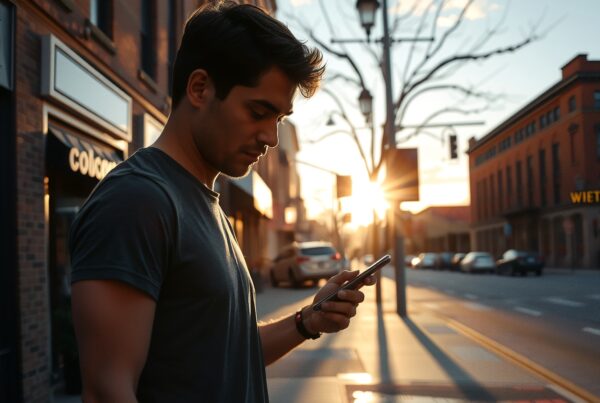 A man looks at his smartphone on a city street during sunset.