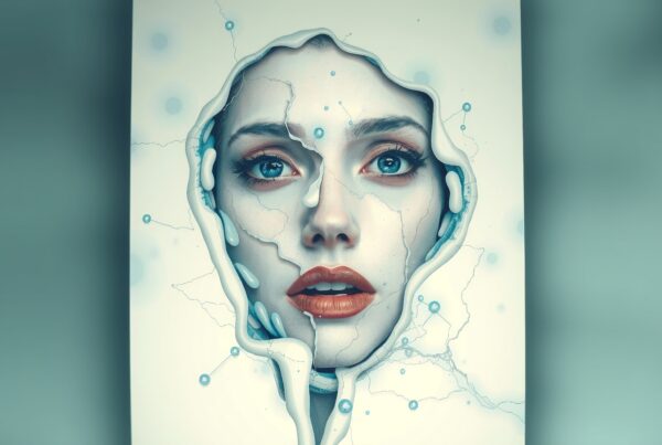 Surreal portrait of a woman's face emerging from a cracked surface with blue eyes and abstract liquid elements.