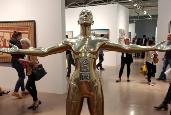 Golden humanoid sculpture in a modern art gallery exhibition with visitors present.