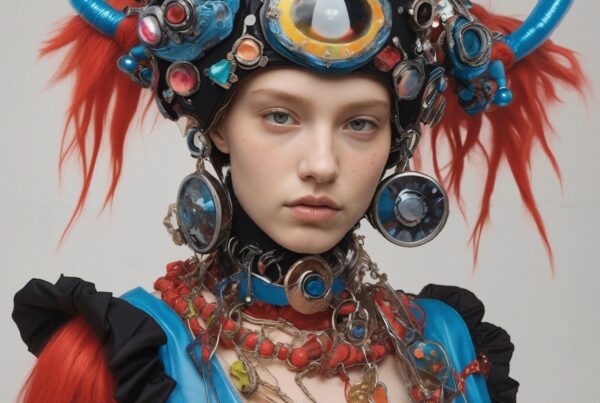 A person in an elaborate, colorful headpiece with geometric elements and red feather extensions, set against a plain background.