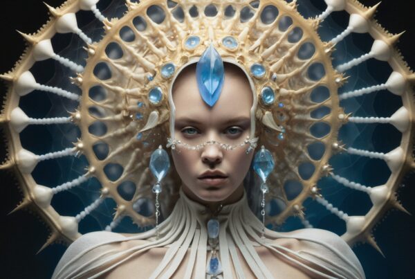 Ethereal figure with intricate ocean-inspired headdress and gemstones.