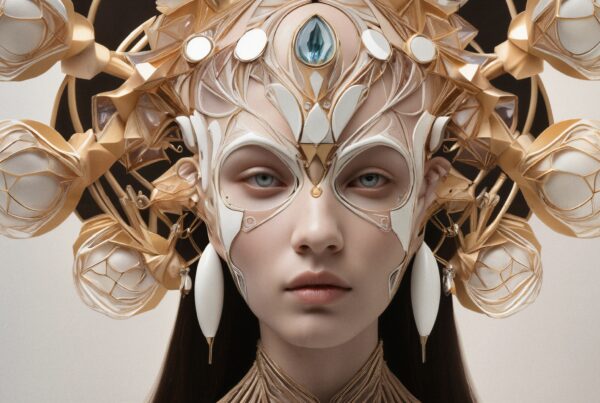 A person wearing an intricate, futuristic headpiece with geometric designs and a blue gemstone centerpiece, conveying elegance and artistry.
