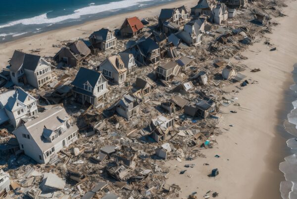 Aerial view of a devastated coastal town, showing severely damaged houses and scattered debris along a serene coastline after a storm.