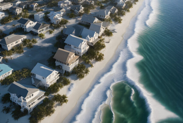 A summer beach with houses and waves.