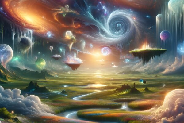 Fantasy landscape with swirling galaxies, planets, and vibrant fields.