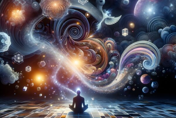 A meditative silhouette among swirling cosmic patterns and geometric designs in a vibrant universe.