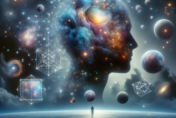 A mystical scene blending human imagination with cosmic wonders, featuring a silhouette filled with galaxies and geometric shapes.