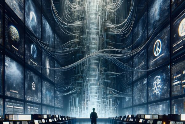 Futuristic data center with towering screens and glowing core, illustrating advanced technology and network complexity.