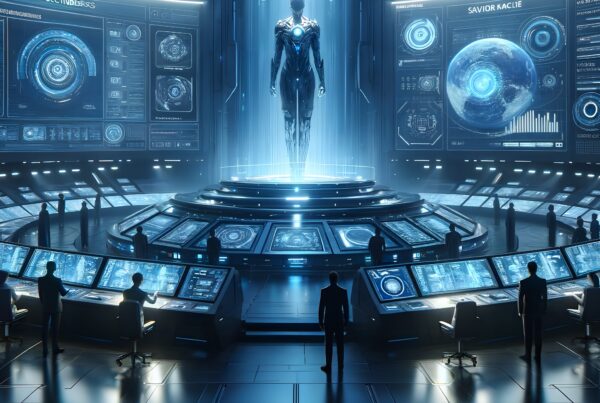 Futuristic control room with holographic android in center.