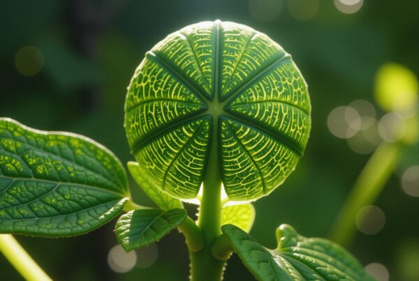 A close-up of a spherical green leaf, illuminated by sunlight, showcasing its intricate veins against a blurred green background.